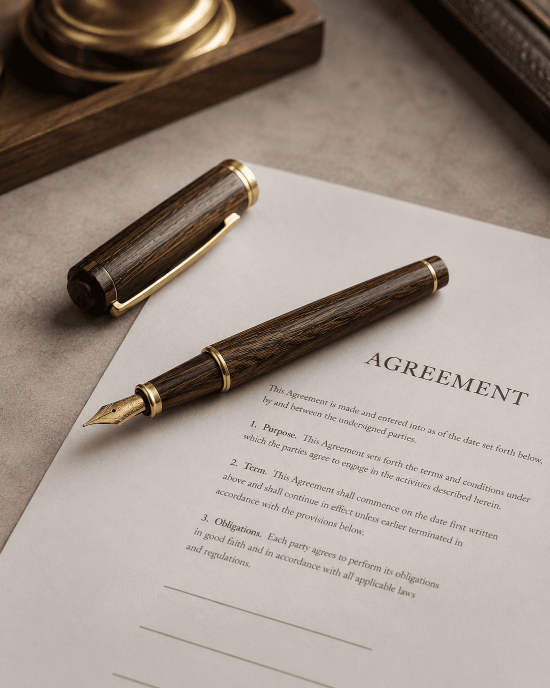 A written agreement and a fountain pen on a solicitor's desk